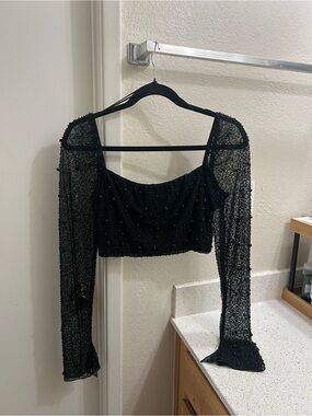 12th Tribe Black Beaded Sheer-Sleeve Cropped Top